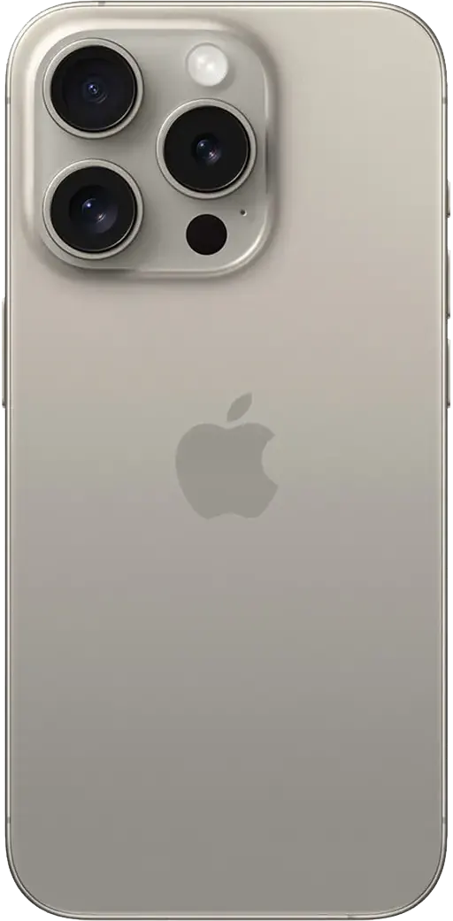 Highlighting the titanium finish, the camera setup, and the Apple logo centered perfectly.