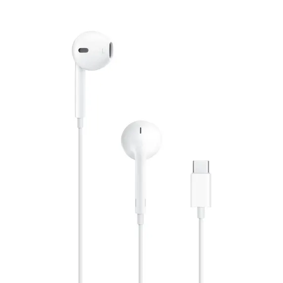 Sleek white EarPods with a USB-C connector, showcasing minimalist design.