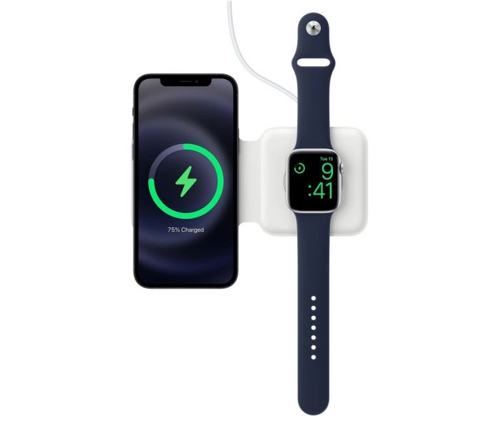 The Apple MagSafe Duo Charger efficiently powers an iPhone displaying a 75% charge and an Apple Watch with its vibrant digital clock face. Both devices rest seamlessly on the charger.
